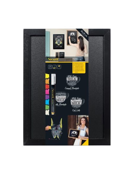 Ardoise murale cadre en bois noir avec feutre craie et fixations Securit 30x40cm