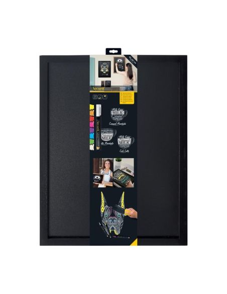 Ardoise murale cadre en bois noir avec feutre craie et fixations Securit 40x60cm