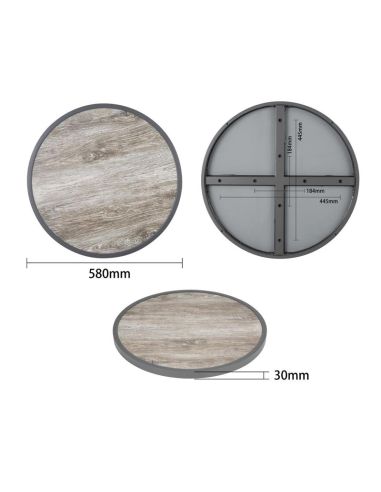 Plateau de table extérieur rond en verre trempé Bolero effet grain de bois bord gris 580mm