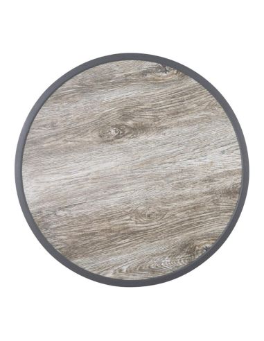 Plateau de table extérieur rond en verre trempé Bolero effet grain de bois bord gris 580mm