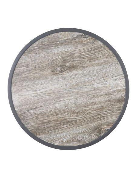 Plateau de table extérieur rond en verre trempé Bolero effet grain de bois bord gris 580mm
