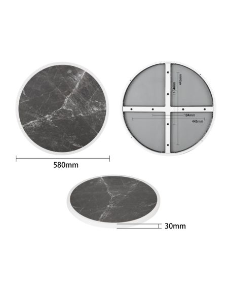 Plateau de table extérieur rond en verre trempé Bolero effet granit foncé bord blanc 580mm