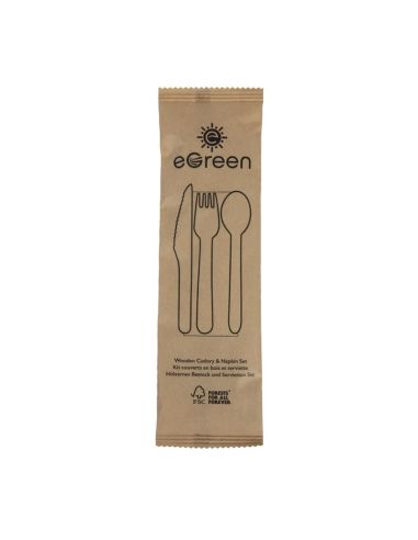 Ensembles de couverts en bois 4-en-1 emballages individuels kraft eGreen (lot de 250)