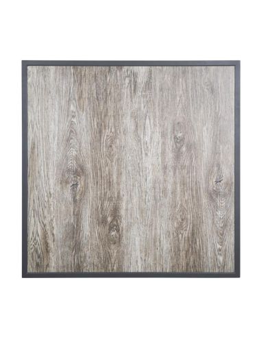 Plateau de table extérieur carré en verre trempé Bolero effet grain de bois bord gris 700 mm