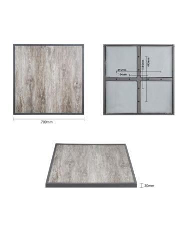 Plateau de table extérieur carré en verre trempé Bolero effet grain de bois bord gris 700 mm