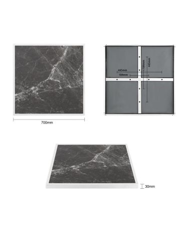Plateau de table extérieur carré en verre trempé Bolero effet granit foncé bord blanc 700 mm