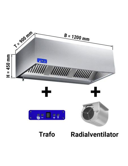 KLS1211M-Hottes caisson inox avec moteur, variateur, filtre et éclairage - Profondeur 1100 mm