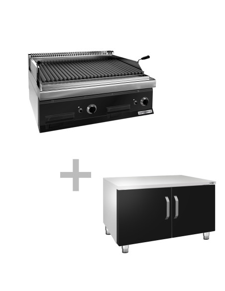 Grill à gaz à pierre de lave - 14 kW - Grille inclinable - Soubassement avec 2 portes incl. | GGM -GLK873C-GK866T