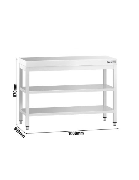 Table de travail en inox PREMIUM - avec plancher de base, rebord & plancher intermédiaire