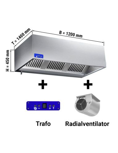 KLS1214M-Hottes caisson inox avec moteur, variateur, filtre et éclairage - Profondeur 1400 mm