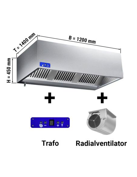 KLS1214M-Hottes caisson inox avec moteur, variateur, filtre et éclairage - Profondeur 1400 mm