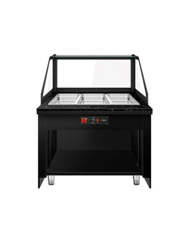 Comptoir chauffant - TORONTO - 1250mm - Noir - 3x GN 1/1 - Plateau de travail en granit noir