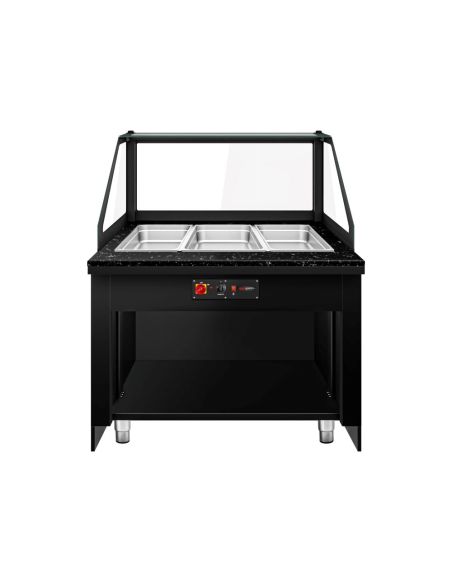 Comptoir chauffant - TORONTO - 1250mm - Noir - 3x GN 1/1 - Plateau de travail en granit noir