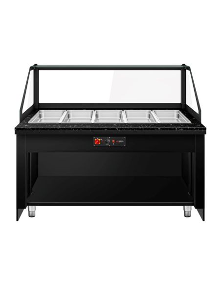 Comptoir chauffant - TORONTO - 1800mm - Noir - 5x GN 1/1 - Plateau de travail en granit noir