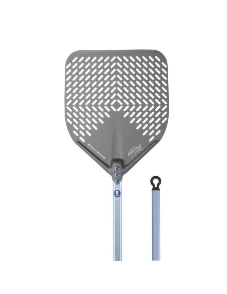 Pelle à pizza rectangulaire perforée aluminium anodisé SHA - 36x36 - Manche 150 cm - Gamme Evoluzione | GI.METAL