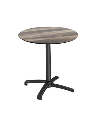 X Cross table de bistrot avec piètement noir + plateau HPL Tropical Wood Ø70 cm