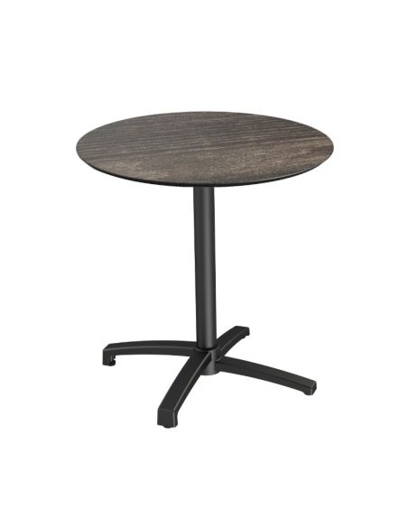 X Cross table de bistrot avec piètement noir + plateau HPL Riverwashed Wood Ø70 cm