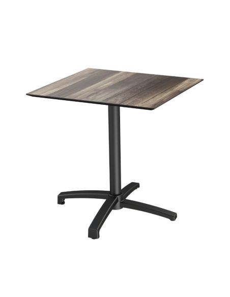 X Cross table de bistrot avec piètement noir + plateau HPL Tropical Wood 70x70 cm