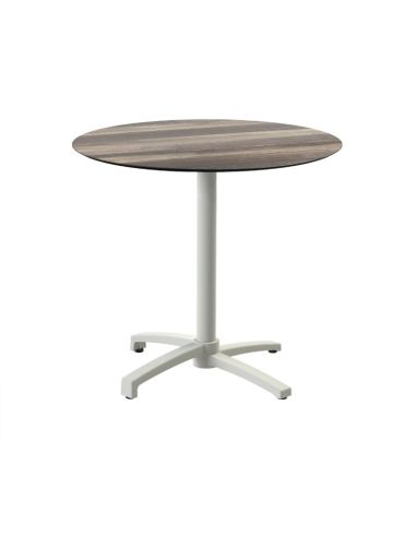 X Cross table de bistrot avec piètement sable + plateau HPL Tropical Wood Ø70 cm