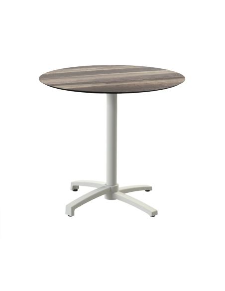 X Cross table de bistrot avec piètement sable + plateau HPL Tropical Wood Ø70 cm