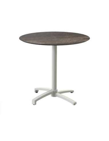 X Cross table de bistrot avec piètement sable + plateau HPL Riverwashed Wood Ø70 cm