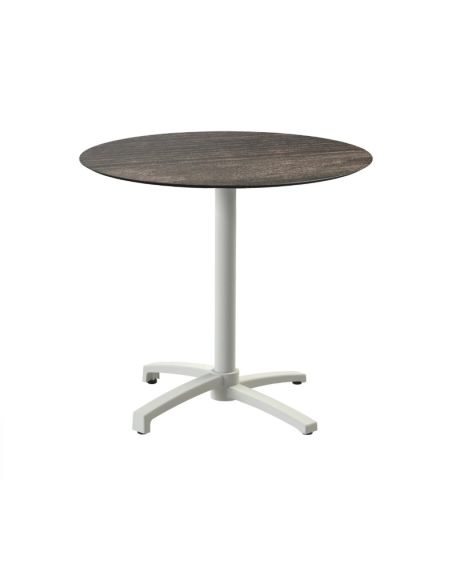 X Cross table de bistrot avec piètement sable + plateau HPL Riverwashed Wood Ø70 cm