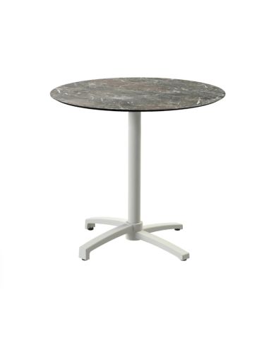 X Cross table de bistrot avec piètement sable + plateau HPL Galaxy Marble Ø70 cm