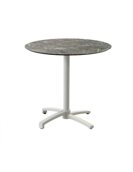 X Cross table de bistrot avec piètement sable + plateau HPL Galaxy Marble Ø70 cm