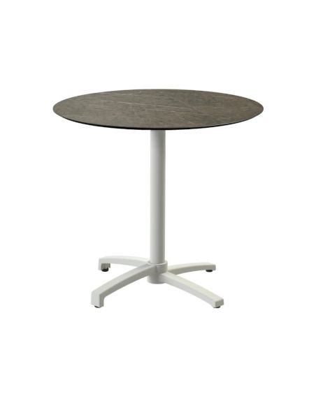 X Cross table de bistrot avec piètement sable + plateau HPL Midnight Marble Ø70 cm
