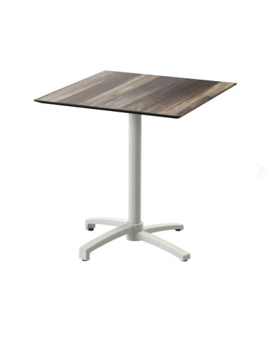 X Cross table de bistrot avec piètement sable + plateau HPL Tropical Wood 70x70 cm