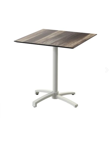 X Cross table de bistrot avec piètement sable + plateau HPL Tropical Wood 70x70 cm