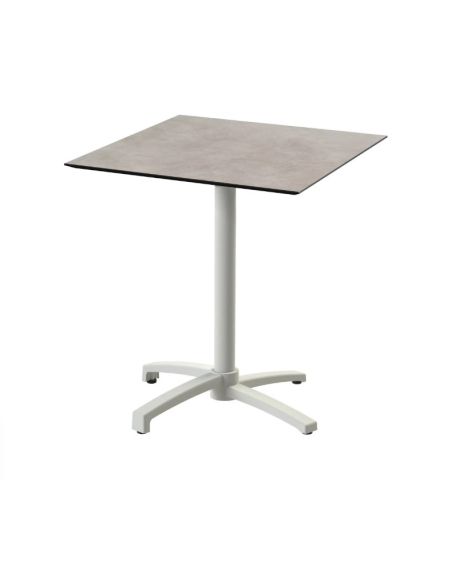 X Cross table de bistrot avec piètement sable + plateau HPL Moonstone 70x70 cm