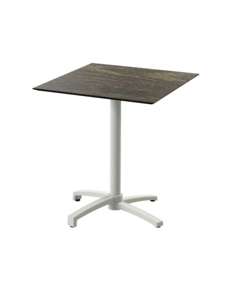 X Cross table de bistrot avec piètement sable + plateau HPL Riverwashed Wood 70x70 cm