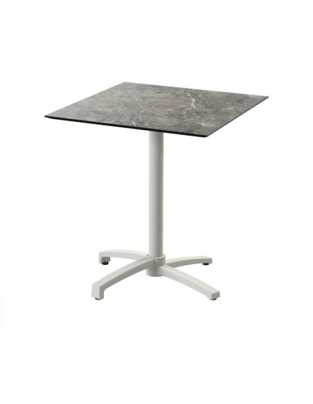 X Cross table de bistrot avec piètement sable + plateau HPL Galaxy Marble 70x70 cm