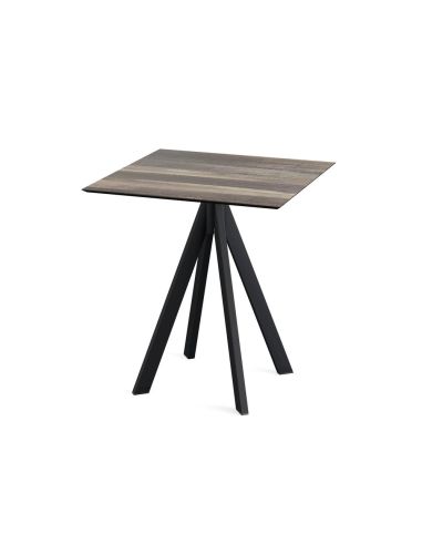 Infinity table de bistrot avec piètement noir + plateau HPL Tropical Wood 70x70 cm