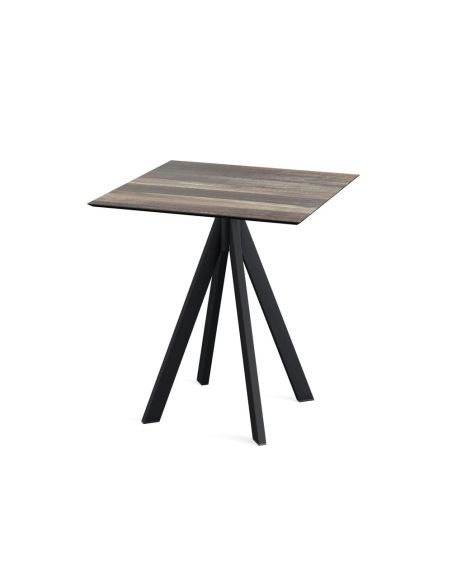 Infinity table de bistrot avec piètement noir + plateau HPL Tropical Wood 70x70 cm