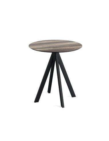 Infinity table de bistrot avec piètement noir + plateau HPL Tropical Wood Ø70 cm