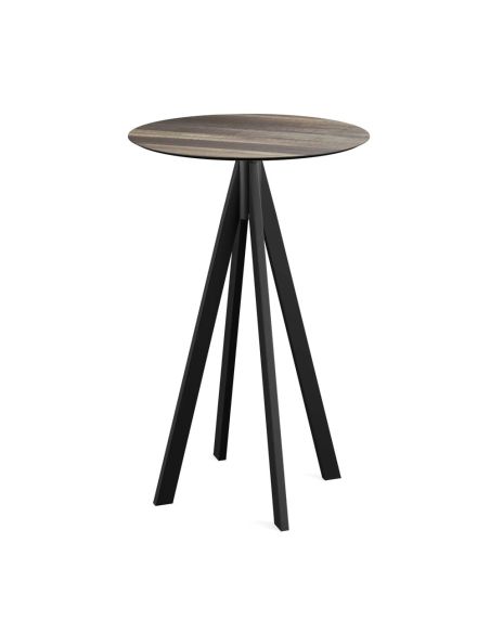 Infinity mange-debout avec piètement noir + plateau HPL Tropical Wood Ø70 cm