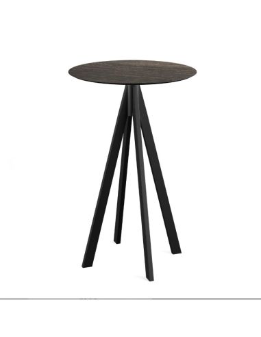 Infinity mange-debout avec piètement noir + plateau HPL Riverwashed Wood Ø70 cm
