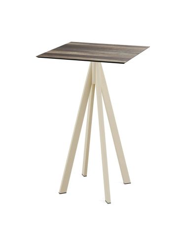 Infinity mange-debout avec piètement sable + plateau HPL Tropical Wood 70x70 cm