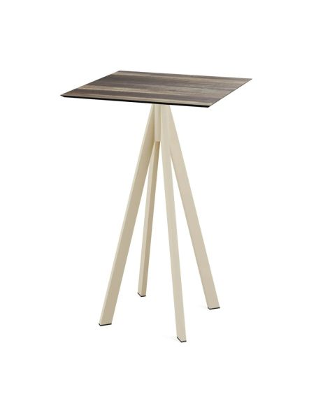 Infinity mange-debout avec piètement sable + plateau HPL Tropical Wood 70x70 cm