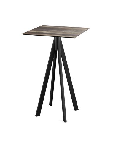 Infinity mange-debout avec piètement noir + plateau HPL Tropical Wood 70x70 cm