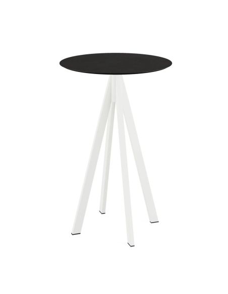 Infinity mange-debout avec piètement blanc + plateau HPL noir Ø 70 cm