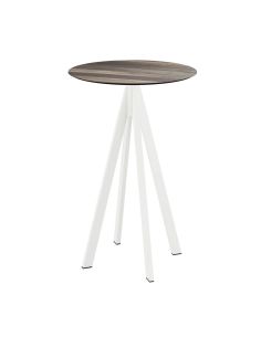 Infinity mange-debout avec piètement blanc + plateau HPL Tropical Wood Ø70 cm