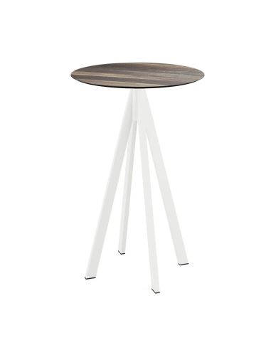 Infinity mange-debout avec piètement blanc + plateau HPL Tropical Wood Ø70 cm