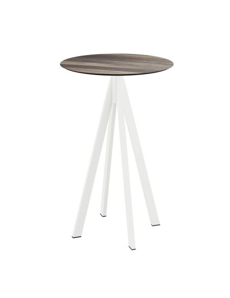 Infinity mange-debout avec piètement blanc + plateau HPL Tropical Wood Ø70 cm
