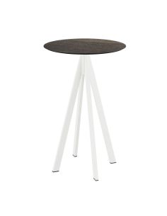 Infinity mange-debout avec piètement blanc + plateau HPL Riverwashed Wood Ø70 cm
