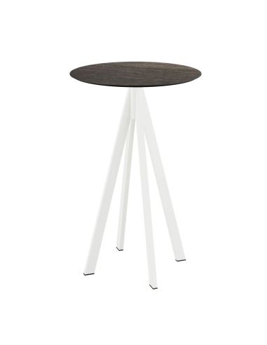 Infinity mange-debout avec piètement blanc + plateau HPL Riverwashed Wood Ø70 cm