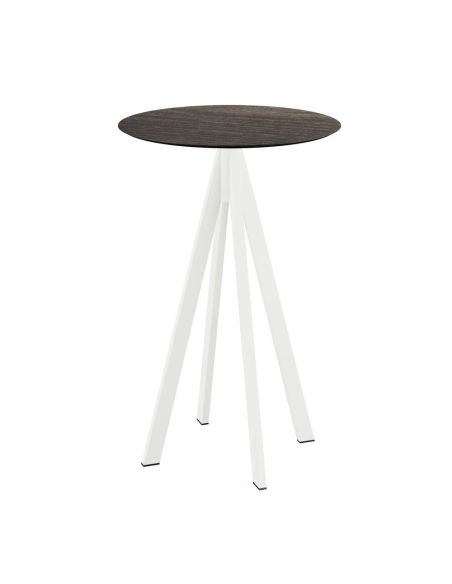 Infinity mange-debout avec piètement blanc + plateau HPL Riverwashed Wood Ø70 cm