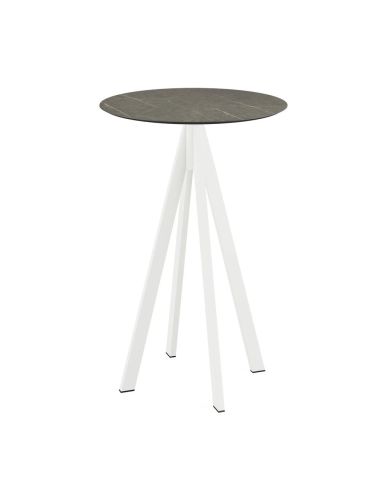 Infinity mange-debout avec piètement blanc + plateau HPL Midnight Marble Ø70 cm